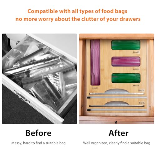 Storage Bag Organizer with Foil and Plastic Wrap Organizer , Aluminum Foil Dispenser with Cutter, Bamboo 6 in 1 Baggie Organizer Suitable for Gallon, Quart, Sandwich, Snack