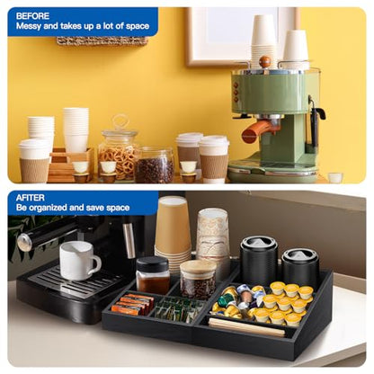 MINCORD Coffee Station Organizer for Counter | Wood Coffee Condiment Service Tray with 9 Compartment | Two-in-One Coffee Bar Supplies Organizer for Home Office Breakroom