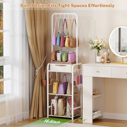 Tall Purse Organizer for Closet with 5 Purse Hanger & 6 Side Hooks, 4 Tier | Floor-Standing Purse Rack Stand for Purse Storage, Narrow & High-Capacity Handbag Organizer, Backpack Storage for Small Place