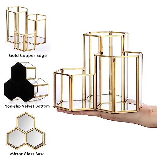 Hipiwe Glass Makeup Brush Holder 3 Slot Gold Desktop Pen Pencil Pot Cup | Mirrored Cosmetics Brush Organizer, Office Desk Storage Holder Vintage Decorative Makeup Storage Box, Large