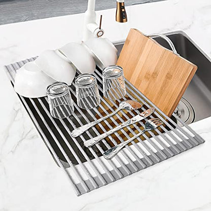 Roll Up Dish Drying Rack, Over The Sink Dish Rack Foldable, Heat-Resistant, Anti-Slip Silicone Coated Steel Dish Drainer for Kitchen Sink, Multipurpose Roll Up Sink Drying Rack, 17.5" x 13"