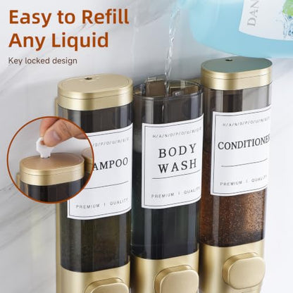 Shampoo and Conditioner Dispenser,Shower Soap Dispenser 3 Chamber No Drill Wall-Mounted for Bathroom & Hotel Leak-Proof Pumps, for Thick Liquids Like Conditioner - 1050ML High Capacity,Gold