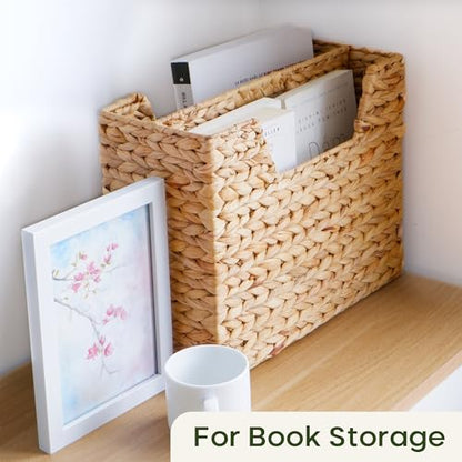 Wicker Magazine Basket Water Hyacinth Handwoven Magazine Holder | Decorative Handwoven Magazine Rack Floor, Organizer for Files, Books, Newspapers, Documents For Office, Living Room, Bathroom