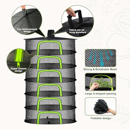 Herb Drying Rack Hanging Mesh Net - 6 Tier plant drying rack Foldable Design with U-Zipper, Bonus Pruning Shears & Plant Hooks for Garden Herbs, Vegetables, Fruits, Flowers & Dried Foods (23.62")