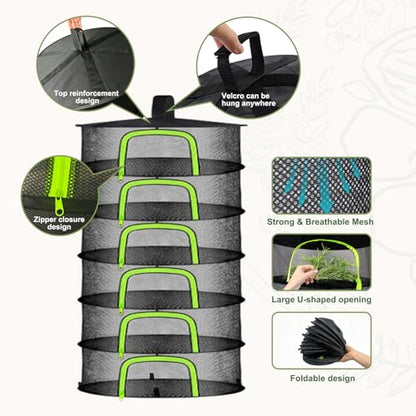 Herb Drying Rack Hanging Mesh Net - 6 Tier plant drying rack Foldable Design with U-Zipper, Bonus Pruning Shears & Plant Hooks for Garden Herbs, Vegetables, Fruits, Flowers & Dried Foods (23.62")