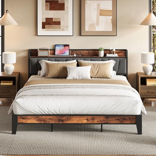 LIKIMIO King Size Bed Frame, Storage Headboard with Charging Station, Solid and Stable, Noise Free, No Box Spring Needed, Easy Assembly