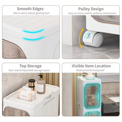 4 Tier Slim Bathroom Storage Cabinet, Foldable and Movable, White | Tools Free, ABS and PET, Magnetic Clear Door, Adjustable Shelves, Lockable Wheels, Water Resistant, For Narrow Space