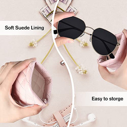 Squeeze Top Sunglass Pouch - Portable Sunglass Organizer Pouch Bags Soft PU Leather Glasses 2 Pack