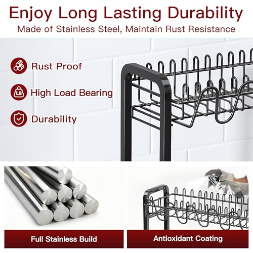 2 Tier Black Stainless Steel Dish Drying Rack for Kitchen Counter | Large Capacity Dish Drainer with Drainboard, Cup & Utensil Holder, Space Saving Rustproof Metal Plate Rack, Fast Drain