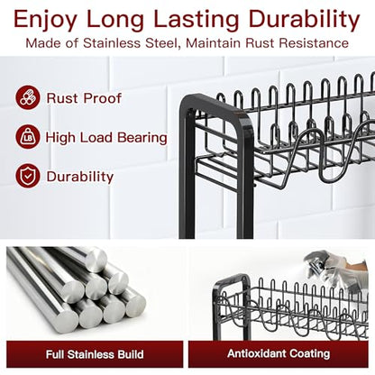 2 Tier Black Stainless Steel Dish Drying Rack for Kitchen Counter | Large Capacity Dish Drainer with Drainboard, Cup & Utensil Holder, Space Saving Rustproof Metal Plate Rack, Fast Drain