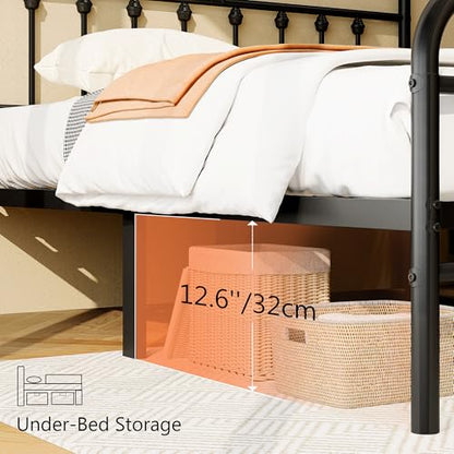 zunatu Full Size Metal Bed Frame with Victorian Style Headboard and Footboard, Steel Slat Support Platform Bed, No Box Spring Needed, Under Bed Storage, Easy Assembly, Black