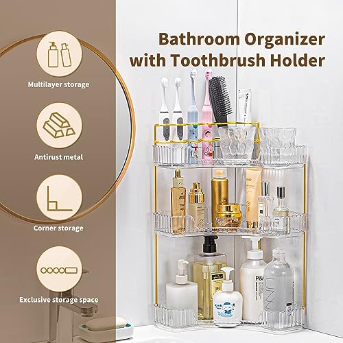 Makeup Organizer 3 Tier Bathroom Counter Organizer with Makeup Brush Holder | Corner Bathroom Organizer Countertop, Acrylic Counter Storage for Bathroom Dresser, Skincare Perfume Organizer- Clear