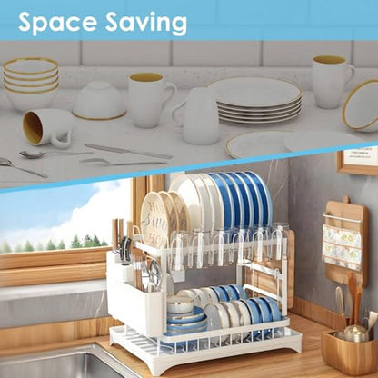 AIDERLY 2 Tier Dish Drying Rack, White | Iron, Removable Cutlery Basket, For Kitchen Counter