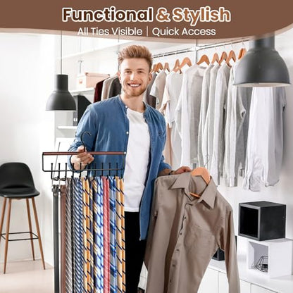 2PC Tie Belt Rack Hanger for Closet, Wood Tie Holder Organizer with 20 Hook | Upgraded 2-in-1 Tie and Belt Hanger Organizer, Large Capacity, 360° Rotating Hook, Non Slip, Space Saving, Walnut color