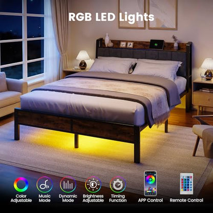 Liians Queen Size Bed Frame with USB Charging Station and Smart LED Lights