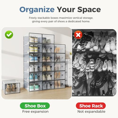 DUMOS Shoe Storage Boxes, 12-Pack Stackable Clear Shoe Containers with Lids, Display Sneaker Case Organizer for Closet, Under Bed, Entryway, Black, Fit Size 11