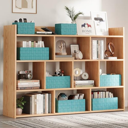 Storage Baskets with Lids: 6 Pack Stackable Woven Storage Bins, Aqua | Decorative Woven Baskets for Organizing with Built-In Handles for Shelves, Closets, Cabinets and Cubbies, Gift Small Basket