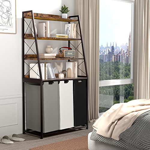 Laundry Basket, 3 Section Laundry Hamper with 4 Tiers Shelf, Pull-Out and Removable Laundry Bags, Large 3 x 15.87 Gallons, for Laundry Room Bathroom Rustic Brown PF05XLN