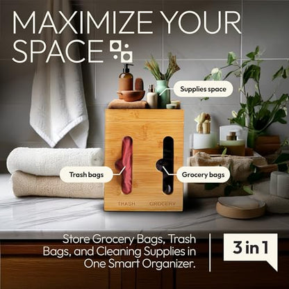 Under Sink Organizer for Kitchen Cabinet - Bamboo Trash Bag Dispenser & Bag Holder – Pantry Organizer & Garbage Roll Holder for Cleaning Supplies, Apartment Essentials & Home Organization