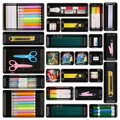Vtopmart 25 Pack Plastic Drawer Organizers with Non-slip Rubber Pads | 4-Size Versatile Makeup Organizer, Storage Containers Small Bins for Makeup, Jewelries, Bedroom, Kitchen Utensils and Office