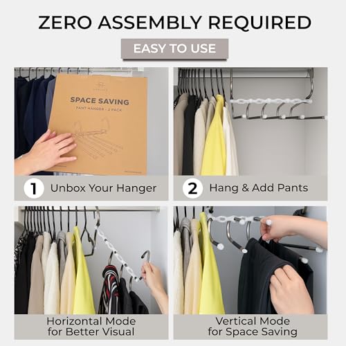 Pants Hangers Space Saving - 2 Pack - Non-Slip Multi-Layer Space Saving Hangers - Multifunctional Clothing Rack for Closet Storage - Ideal for Jeans, Trousers, Skirts, Scarves & Slacks (White)