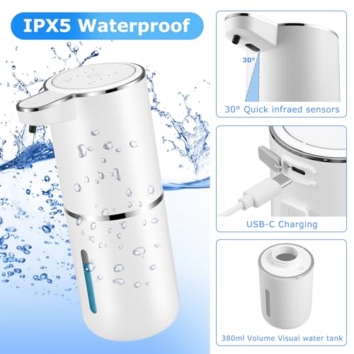 2 Pack Automatic Soap Dispensers,12.8oz/380ml USB Touchless Automatic Foaming Soap Dispenser,Rechargeabled Wall Mounted Smart Soap Dispenser for Bathroom Kitchen Dish Soap