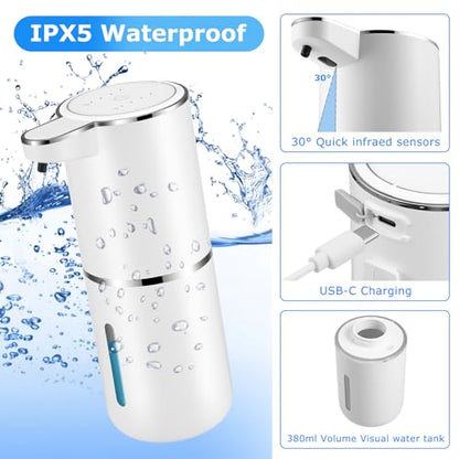 2 Pack Automatic Soap Dispensers,12.8oz/380ml USB Touchless Automatic Foaming Soap Dispenser,Rechargeabled Wall Mounted Smart Soap Dispenser for Bathroom Kitchen Dish Soap