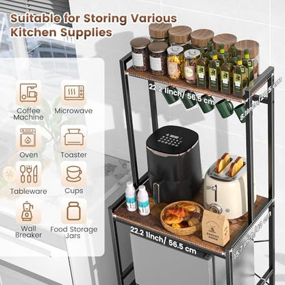 Housolution 2-Tier Mini Fridge Stand with Storage, Black+Brown | Adjustable Height Shelves, 8 Hooks, Easy Assembly, Heavy-Duty Microwave Stand for Office Dorm & Apartment