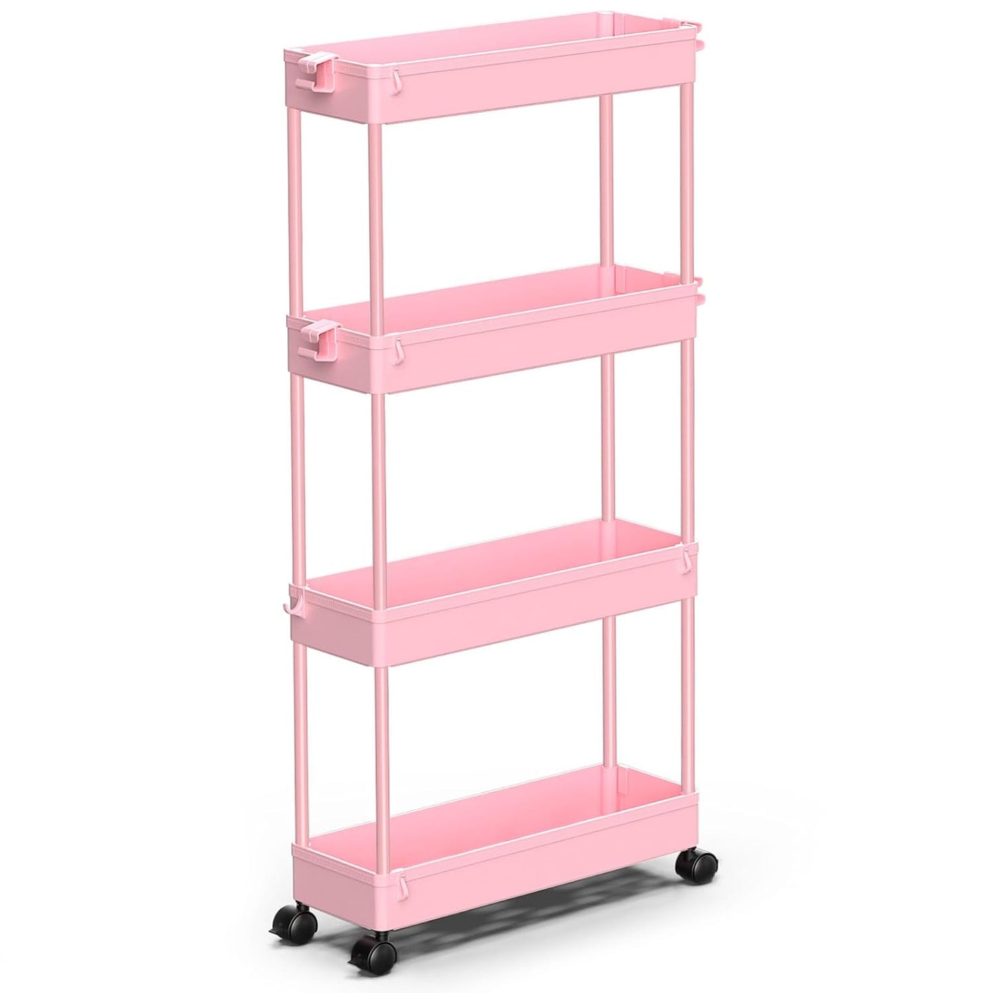 SPACEKEEPER Slim Rolling Storage Cart, 4 Tier Bathroom Cart Organizer, Pink | Narrow Rolling Cart with Wheels for Kitchen Office Bathroom Laundry Room,Mobile Utility Cart for Craft Art Makeup Nail Polish