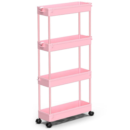 SPACEKEEPER Slim Rolling Storage Cart, 4 Tier Bathroom Cart Organizer, Pink | Narrow Rolling Cart with Wheels for Kitchen Office Bathroom Laundry Room,Mobile Utility Cart for Craft Art Makeup Nail Polish