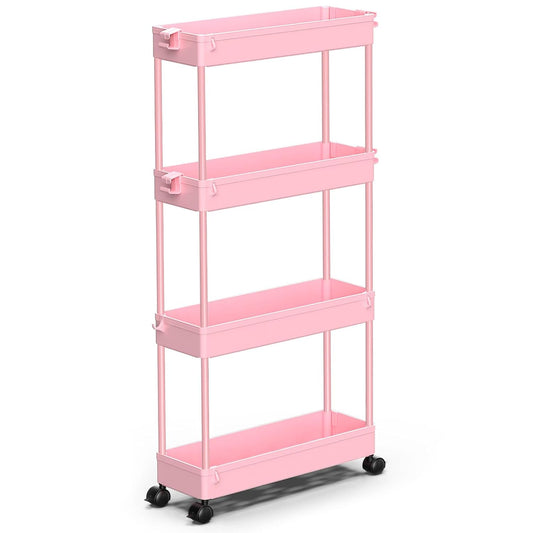 Slim Rolling Storage Cart, 4 Tier Bathroom Cart Or... (Pink | Plastic)