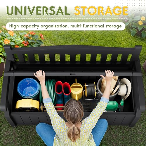 Greesum 80 Gallon Outdoor Storage Bench Deck Box,Black | with Cushion & Armrest, Lockable, Waterproof UV Resistant, Comfortable Seating for Patio, Pool, Garden