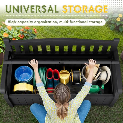 Greesum 80 Gallon Outdoor Storage Bench Deck Box,Black | with Cushion & Armrest, Lockable, Waterproof UV Resistant, Comfortable Seating for Patio, Pool, Garden