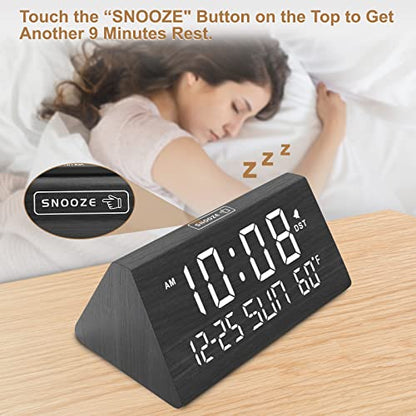 DreamSky Digital Alarm Clock for Bedrooms - Wooden Desk Clock with Date | Day of Week, USB Port, Temperature, Dimmer for Bedside Table, Living Room, Office, Adjustable Volume, Auto DST, Wood Decor
