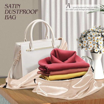 Manyshofu Beige Satin Dust Bags, 7 Pack Drawstring Storage 23.6x19.6 | Protects Handbags From Dust And Moisture, Soft Breathable Fabric, Washable Drawstring Closure, Folds For Travel, 7 Pack
