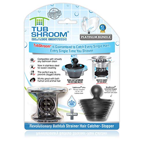 TubShroom Tub Drain Hair Catcher Combo Pack with Silicone Stopper, Black Chrome – Protector and for Bathroom Drains, fits any standard bathtub drain measuring 1.4” to 1.8” wide