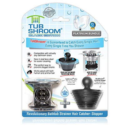 TubShroom Tub Drain Hair Catcher Combo Pack with Silicone Stopper, Black Chrome – Protector and for Bathroom Drains, fits any standard bathtub drain measuring 1.4” to 1.8” wide