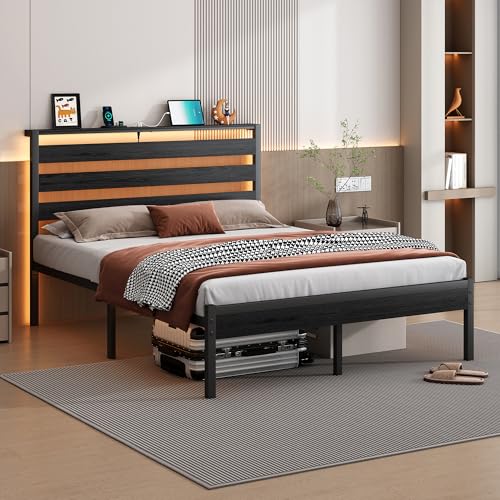 CLIBFENG 14 Inch Classic Metal Platform Bed Frame-Full Size Bed Frame with Headboard,Steel Slats Support-LED Bed Frame with USB Charging Station,Under Bed Storage,No Box Spring Needed,Noise Free