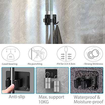 homeasy Broom Holder Wall Mount 4Pcs, Self Adhesive Mop Broom Hanger Black | Self adhesive stainless steel broom organizer with 4 hooks, holds mops, brooms and garden tools without drilling