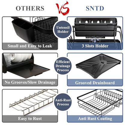 SAYZH Dish Drying Rack for Kitchen Counter with Utensil Holder, Black | Stainless Steel, Large Capacity, Angled Drainboard, Rotating Spout, Removable to Clean