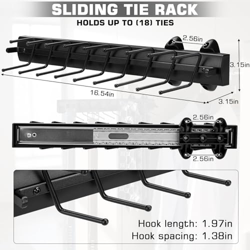 Sliding Tie Racks, 18 Tie Hanger 16.5'' Pull Out Belt Rack for Closet | Aluminum Alloy Extendable Wardrobe Closet Organizer with 18 Hooks for Belts, Ties, Scarves, 16.5'' x 3.15'' (Sprayed Black)