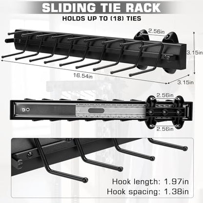 Sliding Tie Racks, 18 Tie Hanger 16.5'' Pull Out Belt Rack for Closet | Aluminum Alloy Extendable Wardrobe Closet Organizer with 18 Hooks for Belts, Ties, Scarves, 16.5'' x 3.15'' (Sprayed Black)