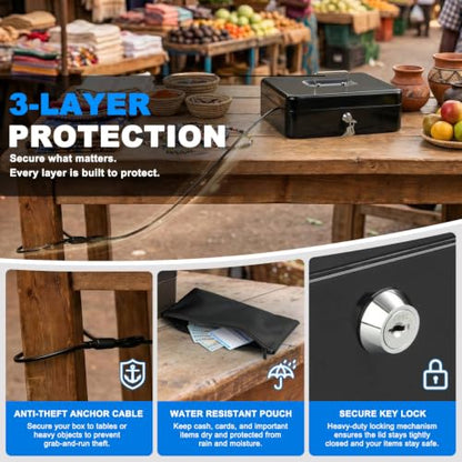 KYODOLED Metal Cash Box with Key Lock, Anti-Theft Cable & Waterproof Pouch | Heavy Duty 0.7mm Steel, Windproof Bill Clips, Hidden Compartment, for Flea Market Vendors & Small Business, 11.8", Black