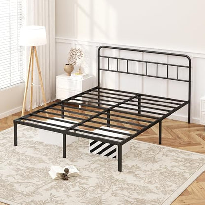 Kujielan 12 inches Full Size Bed Frame with Minimalist headboard,Metal Platform Base with Strong Metal Slats,Mattress Foundation for Under Bed Storage,Easy Assembly,Black