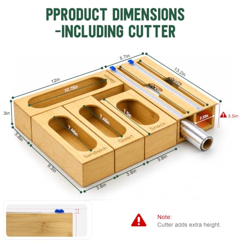 Reclosable Poly Bag Organizer for Kitchen Drawer, 5-Slot | Bamboo, 5 Independent Boxes, Slide Cutter, Magnetic Lid, Space-Saving Drawer Organizer