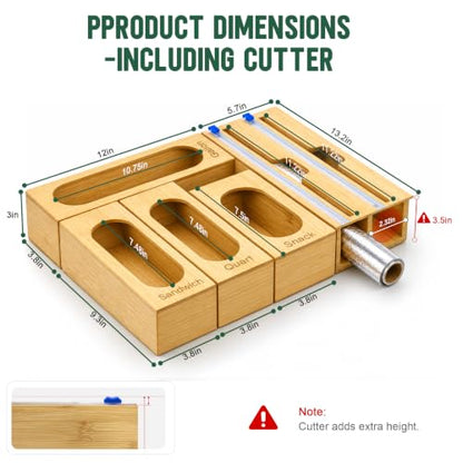 Reclosable Poly Bag Organizer for Kitchen Drawer, 5-Slot | Bamboo, 5 Independent Boxes, Slide Cutter, Magnetic Lid, Space-Saving Drawer Organizer
