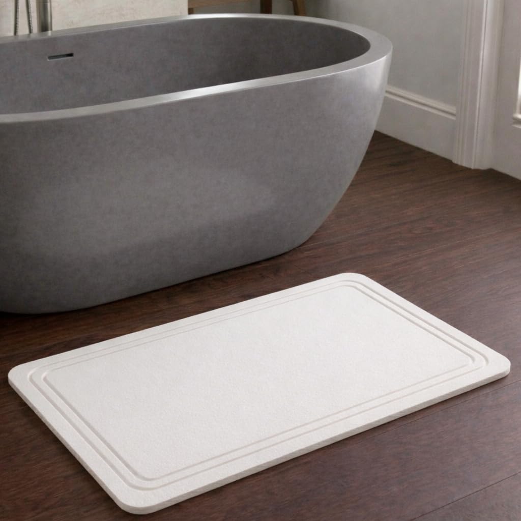 Stone Bath Mat – Diatomaceous Earth Quick Drying Non-Slip Bathroom Mat – Absorbent Diatomite Shower Mat, Durable & Easy to Clean, Modern, 23.6" x 15.3", (White - Linea)