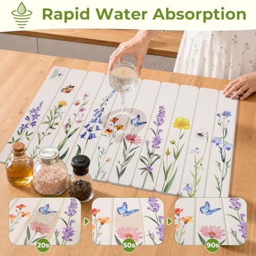 LOKHOM Stone Dish Drying Mat, 15.3"x23.6" Diatomaceous Earth Mat Floral | Watercolor Wildflower, Foldable, Absorbent, Non-Slip, Heat Resistant, For Kitchen Counter Bath Dishes Cups