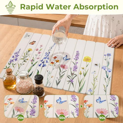 LOKHOM Stone Dish Drying Mat, 15.3"x23.6" Diatomaceous Earth Mat Floral | Watercolor Wildflower, Foldable, Absorbent, Non-Slip, Heat Resistant, For Kitchen Counter Bath Dishes Cups