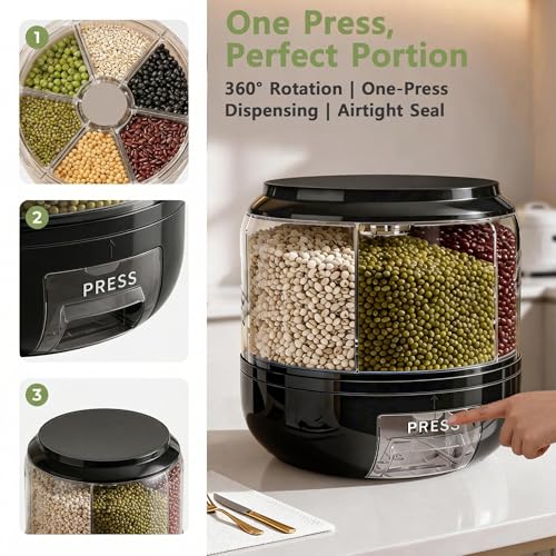Rotating Grain Storage Bin 6 Grids Rice Container One-Click Output Large Capacity Food Dispenser For Rice Grains Sealed Moisture Proof Organizer (Black)